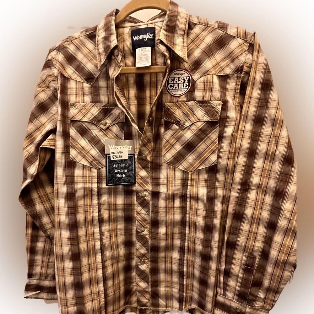 NWT boys Wrangler western snap-front brown plaid western shirt XL 14/16